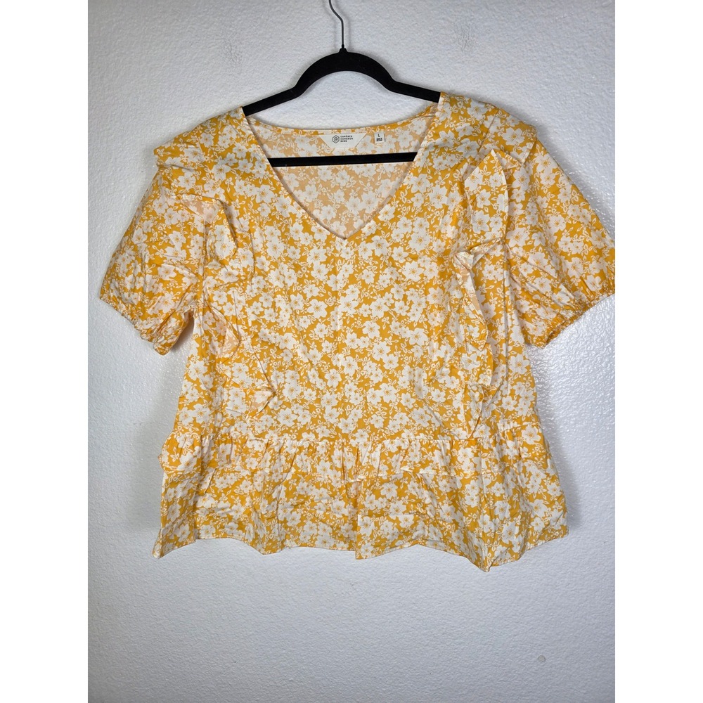Candace Cameron Bure Yellow Floral Ruffle Peplum Blouse V-Neck Top Large